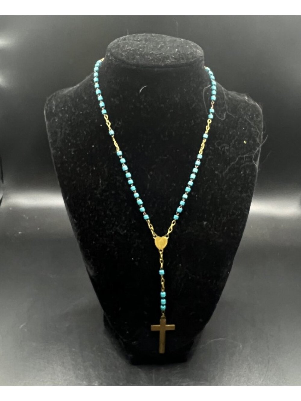 Vintage Gold-Tone Rosary Necklace Turquoise Beads Cross Pendant Catholic Jewelry